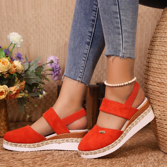 Vibrant Orange Espadrilles with Platform Sole-Round Toe Wedge Sandals - Picture 1 of 4